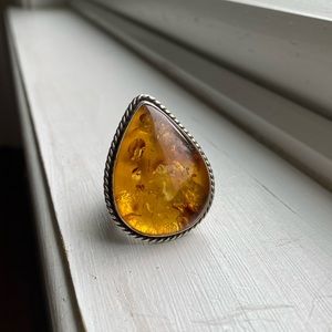 Sage Wolf Silver - Amber and Sterling Silver Ring - Size 6.5
